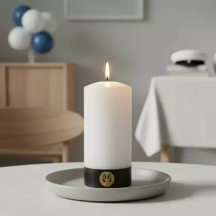 Kynttilää koristaa lyyran kuva mustalla pohjalla, ylioppilaslakin lippaa mukaillen, sopii ylioppilasjuhlan kattaukseen. - Ylioppilaskynttilät - 2711215YOPA - 1